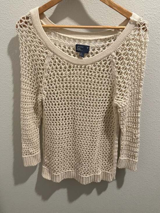 American Eagle Outfitters Sweaters - American Eagle Outfitters Cream Open Knit Crochet Fisherman Pullover Sweater